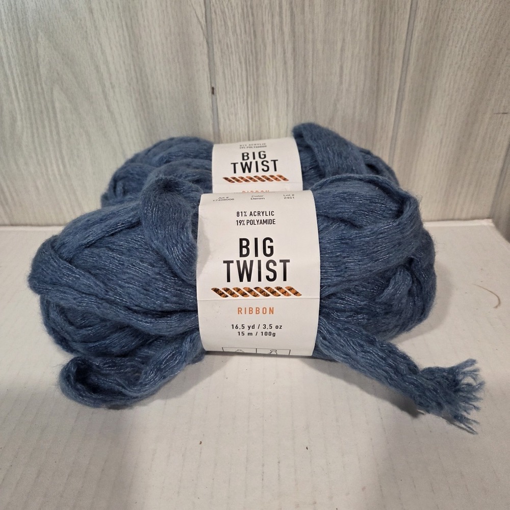 Lot 2 Skeins Big Twist Ribbon Yarn Denim 3.5 ounces 16.5 yd Same Dye Lot